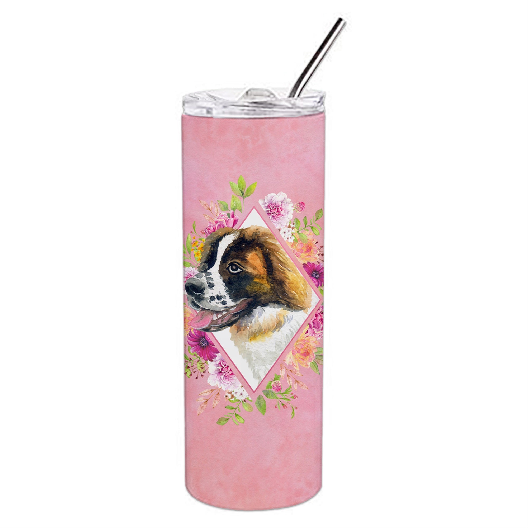 Saint Bernard #2 Pink Flowers Double Walled Stainless Steel 20 Oz Skinny Tumbler